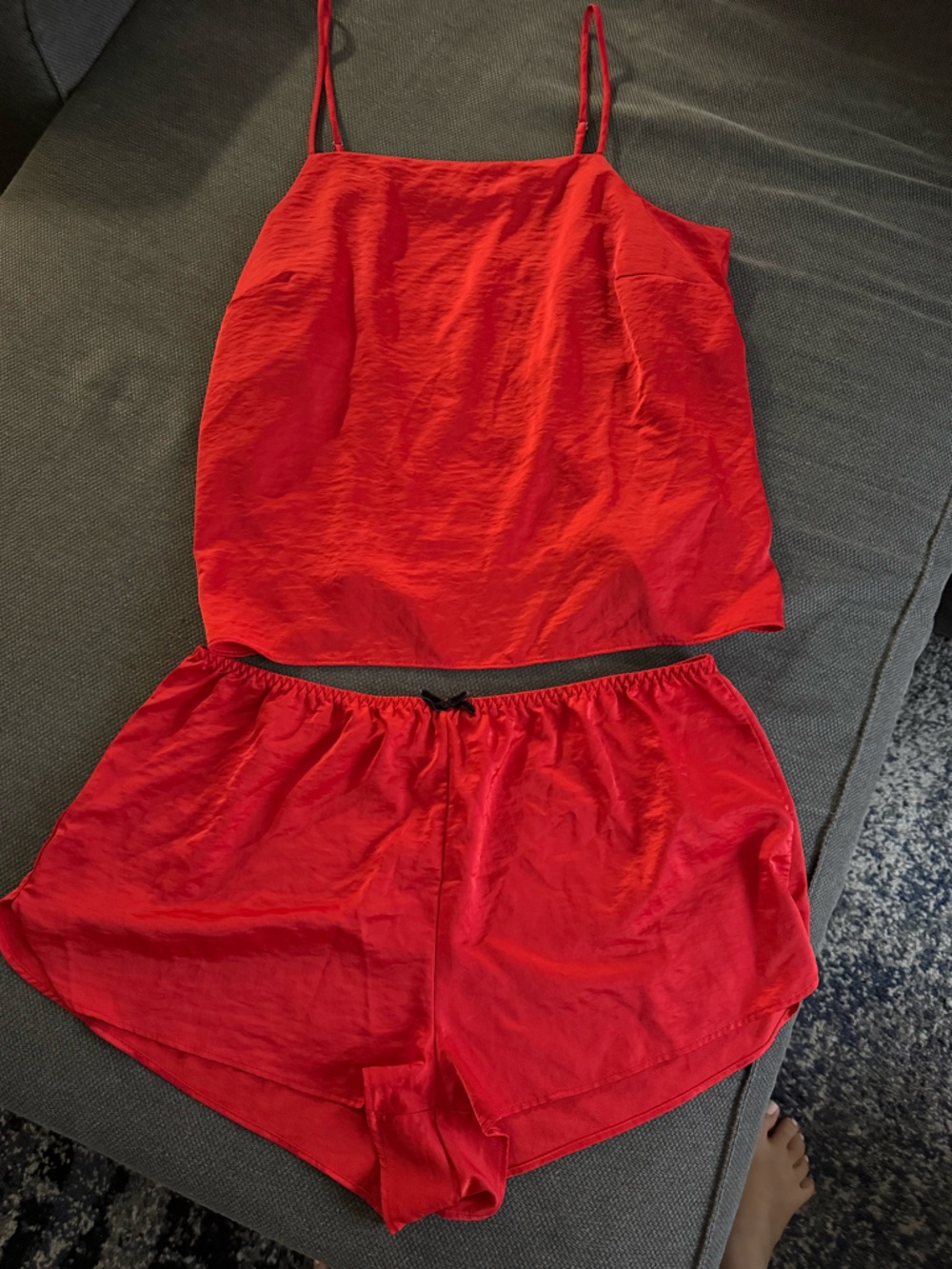 Red Two-Piece Satin Top and Shorts Set LARGE